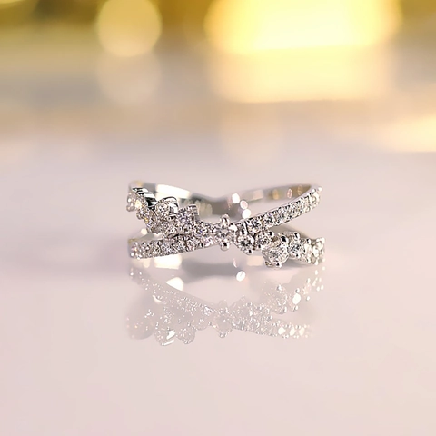 925 Sterling Silver Ring 18K Gold Plated Double Layer Cross Wave Pave Cubic Zirconia Elegant Light Luxury Style Women