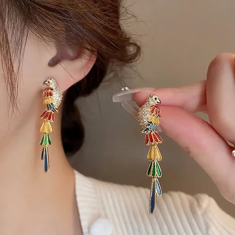 Boucles Oreilles Perroquet Coloré Émail Animal Goutte Avec Tige En Argent Sterling 925 Strass Style Palais Vintage