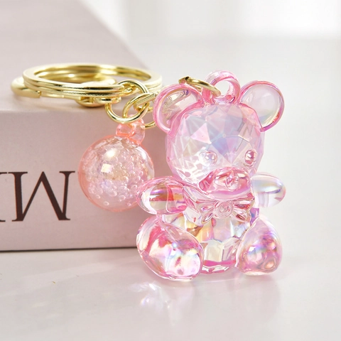 Portachiavi Orso Sfaccettato Colorato Trasparente Acrilico Carino Ciondolo Per Borsa Con Sfera Glitterata E Anello Dorato Accessorio Chiave