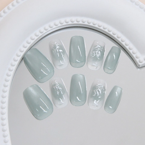 Green Cat Eye Press On Nails 3D Silver Bamboo Texture Square Round ABS Plastic Handmade Elegant For Women