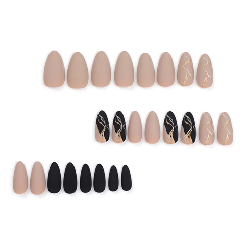 Press On Nails Almond Shape Matte Black Nude Pink With Gold Marble Texture ABS Resin Artificial False Nails For Women Salon Style