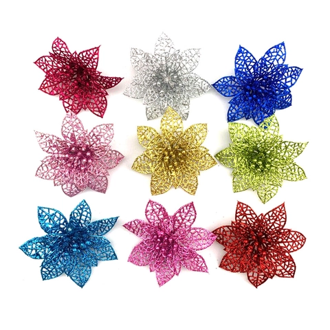 Artificial Christmas Flower Glitter Hollow Poinsettia Tree Hanging Ornament Plastic DIY Craft Holiday Wedding Party Decor