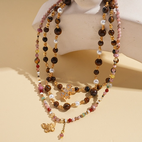 Collier Perles Pierre Oeil De Tigre Vintage Pour Femmes Pendentif Papillon Plaqué Or Bijoux Noeud Zircon Rétro Style Maillard