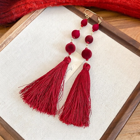Rode Geflokte Kraal Kwastje Hangoorbellen Vintage Chinese Stijl Lange Satijndraad Elegante Sieraden Voor Vrouwen