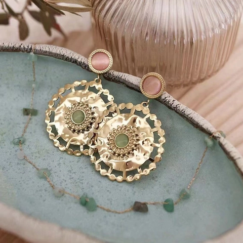 Vintage Boho PVD 18K Vergoldet Edelstahl Ohrhänger Für Damen Rund Hohl Naturstein Türkis Opal Schmuck