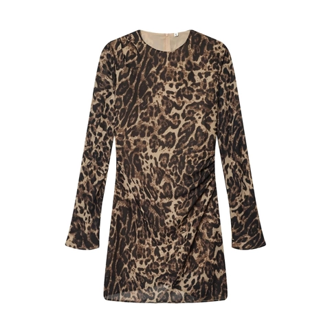 Minikleid Leopard Ruched Bodycon Rundhals Langarm Sexy Slim Fit Mode Kleidung Für Damen