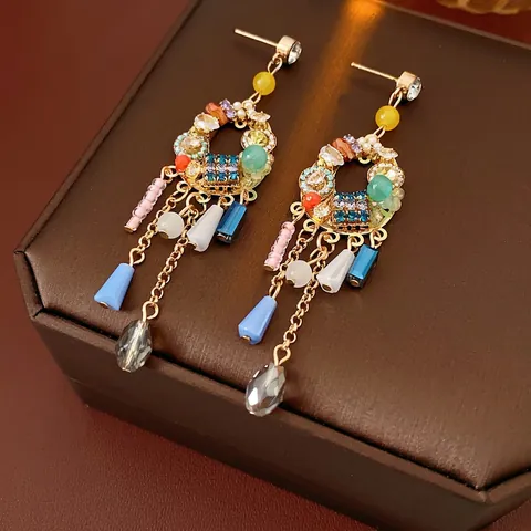 Orecchini Nappa Cristallo Colorato Bohémien Con Perno Argento Lega Vetro Imitazione Perla Artificial Lunghi Stile Etnico Donne