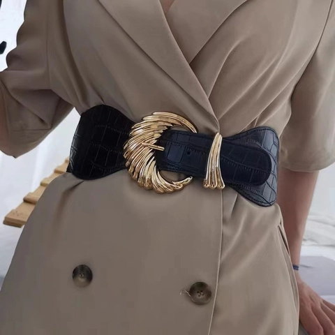 Elegant Women Wide Corset Belt Fashion Crocodile Pattern PU Leather Waist Seal With Gold Shell Alloy Buckle Elastic Belt