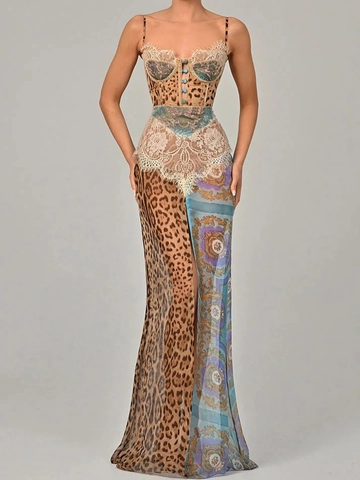 Leopard Print Lace Patchwork Cami Maxi Dress Sexy High Slit Sleeveless Baroque Style For Women