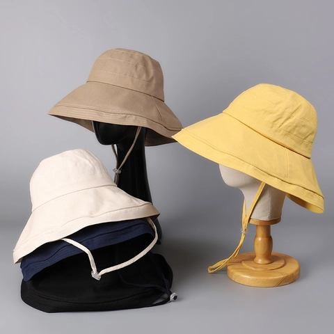 Bucket Hat Breiter Rand UV Schutz Leinen Baumwolle Faltbar Winddichtes Seil Damen Einfacher Japanischer Stil