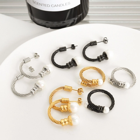 Titanstahl Gedrehtes Kabel Design Ring Armband Ohrringe Mit Glasperlen Dekoriert Elegant Mode Accessoires