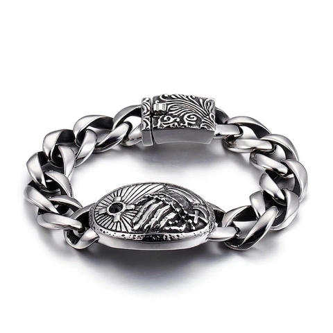 Men's Stainless Steel Curb Chain Bracelet Retro Gothic Cross Embossed Oval Plate With Black Zircon Stone Punk Jewelry