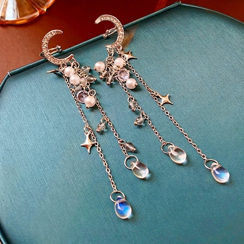 Elegant Moon Star Tassel Ear Cuffs Rhinestone Alloy Imitation Artificial Pearl Non Pierced Clip Earrings For Women