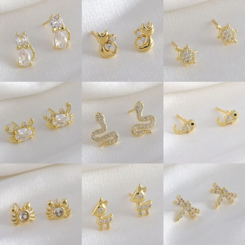 Cute Animal Shape Copper Zirconia Stud Earrings For Women Cat Turtle Crab Seahorse 925 Sterling Silver Earring Post Jewelry