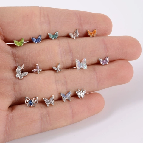 Butterfly Stud Earrings Cartilage Tragus Piercing Stainless Steel Screw Ball Back Colorful Zircon Enamel Jewelry Women