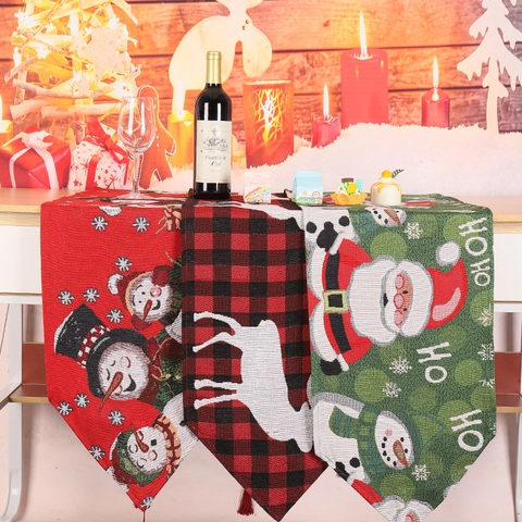 Kersttafelloper Gebreide Jacquardstof Feestelijke Kerstman Sneeuwpop Rendier Kwastjes Vakantie Diner Feestdecoratie