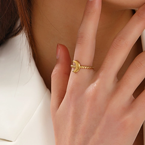 Crescent Moon Offener Verstellbarer Ring 18K Vergoldeter Edelstahl Perlenband Gepunktete Textur Zarter Schmuck Für Damen
