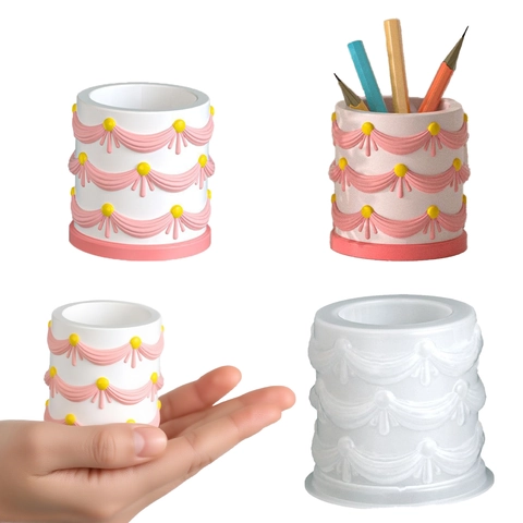 Stampo In Silicone Cilindrico Con Nastro Goffrato E Pizzo Per DIY Portacandele Portapenne Barattolo Di Immagazzinaggio Resina Gesso