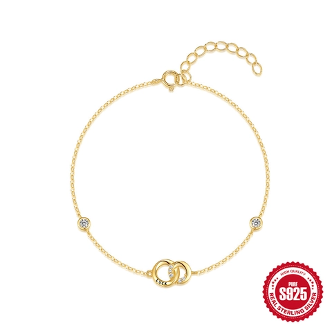 Bracelet Luck de Luxe en Argent Sterling 925 Avec Anneaux Entrelacés pour Femmes Plaqué Or Incrusté de Zirconia Bijou Cadeau