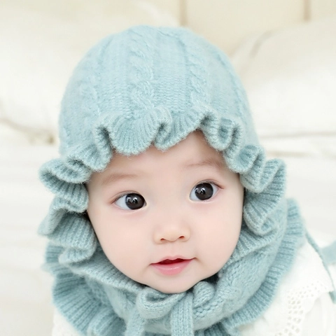 Baby Knit Bonnet And Scarf Fleece Lined Ruffle Edge Cable Knit Winter Warm Neck Warmer For Infants