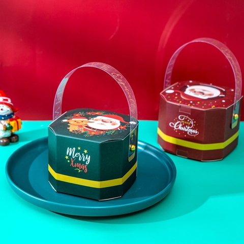 Scatola Regalo Di Natale Portatile Ottagonale Carta Confezione Caramelle Manico Trasparente Cartone Babbo Natale Pupazzo Di Neve