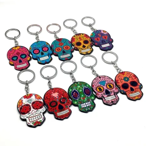 Llavero De Calavera De Azucar Mexicana Acrilico Colorido Arte Popular Anillo De Llave Colgante Dia De Los Muertos Accesorio Halloween