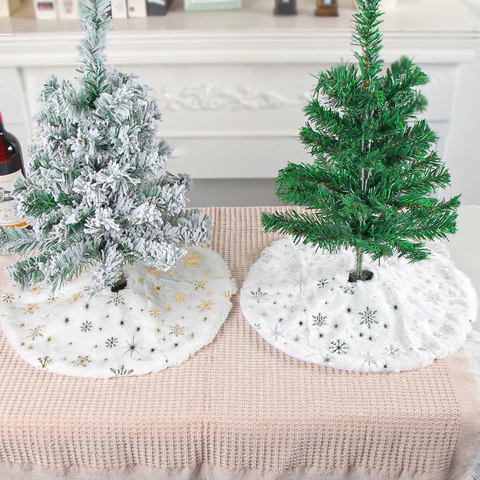 Jupe De Sapin De Noël Mini Peluche Blanche Couverture De Base Ronde Motif Flocon De Neige Étoile Or Argent Décor