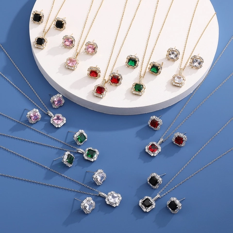 Luxury Jewelry For Women Copper Zircon Necklace And Earrings Square Oval Cut Gemstone Halo Design Elegant Gift