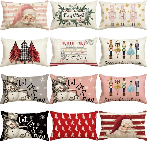 Funda De Almohada De Navidad Textura De Lino Poliéster Impresión Festiva Funda Cojín Lumbar Decoración Sofá Fiesta Navidad