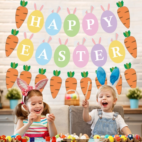 Happy Easter Banner Colorful Carrot Bunny Egg Cardboard Garland DIY Party Decoration Festive Props