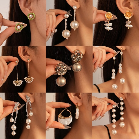 Vintage Faux Artificial Pearl Rhinestone Flower Earrings With 925 Sterling Silver Earring Post Elegant Geometric Jewelry For Women