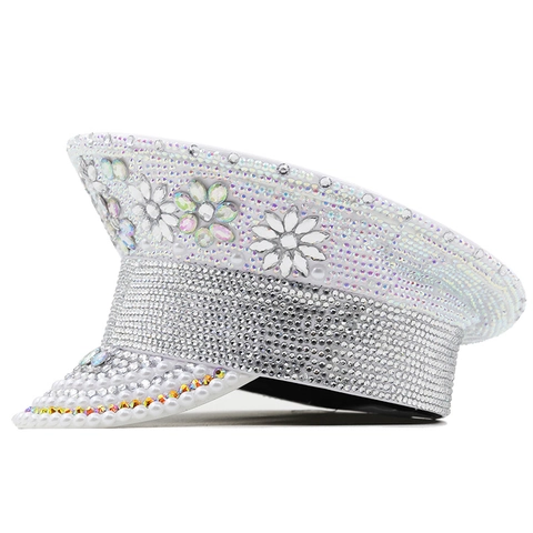 Luxury White Flat Top Military Hat With Rhinestones Faux Artificial Pearls Glass Gems Shimmering Party Performance Captain Cap