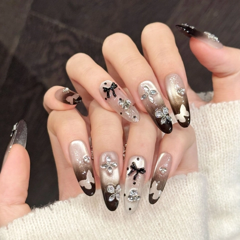 Handmade Press On Nails Brown Gradient Butterfly Rhinestone Long Almond Nails Polka Dot Design Luxury Sweet Nail Art Tips