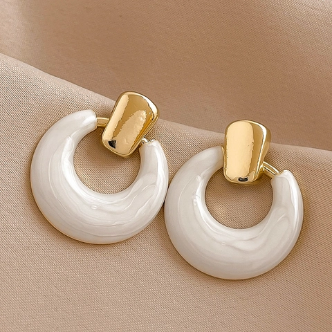 Geometric Round Hoop Earrings Alloy Enamel Drip Oil Dangle With Silver Earring Post For Women Fashion Retro Jewelry