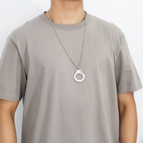 Handcuff Pendant Necklace With Rhinestone Alloy Pendant And Stainless Steel Box Chain Hip Hop Style For Men
