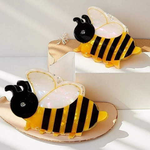 Honeybee Hair Claw Clip Acrylic Rhinestone Animal Shaped Yellow Black Striped Iridescent Wings Ponytail Holder For Women
