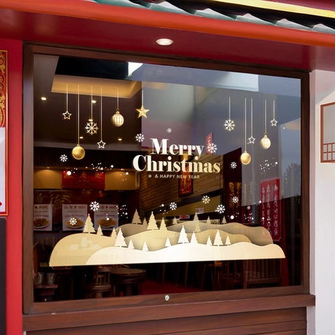Christmas Window Stickers Static Cling PVC Snowflake Pine Forest Merry Christmas Decoration Removable For Glass Door