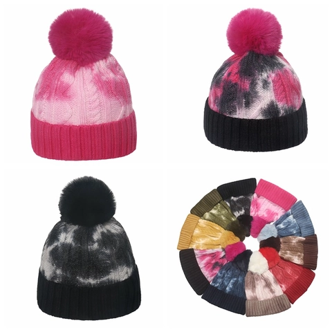Strickmütze Mit Kunstfellbommel Tie Dye Zopfmuster Warme Winter Acryl Outdoor Accessoires Für Damen