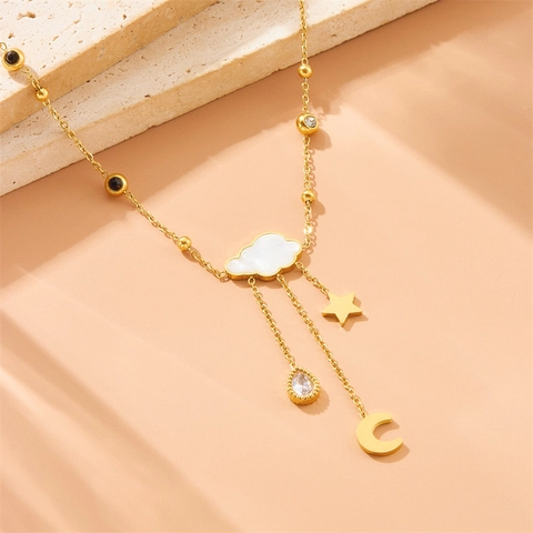 Collier En Acier Inoxydable Pour Femmes Nuage En Nacre Blanche Étoile Lune Goutte D'eau Pendentif Zircon Mode Coréenne