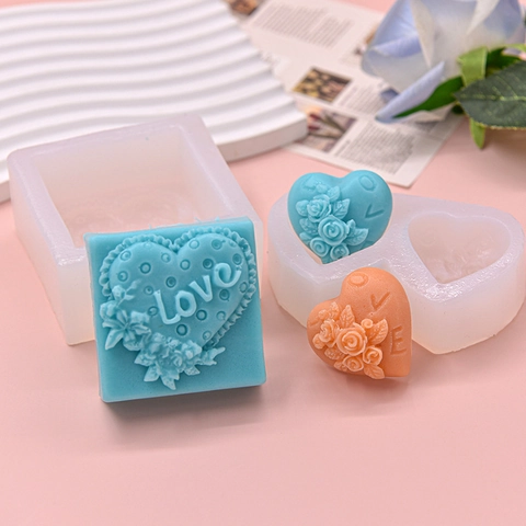 Herz Rose Blume Relief Silikonform DIY Seife Kerze Schokolade Mousse Kuchen Backform Love Brief Design