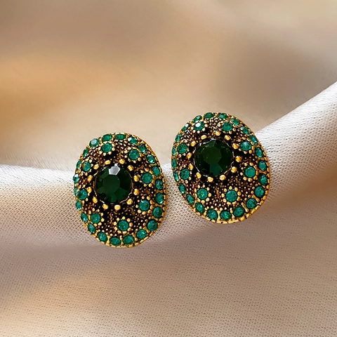 Boucles D'oreilles Vintage Ovales En Alliage Avec Strass Vert Émeraude Et Tige En Argent Style Rétro Français Palais