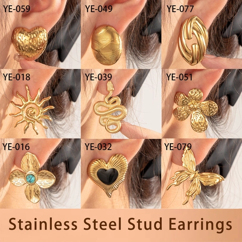 Vintage Stainless Steel Stud Earrings For Women Hammered Gold Heart Snake Sun Flower Butterfly Rhinestone Jewelry Earrings