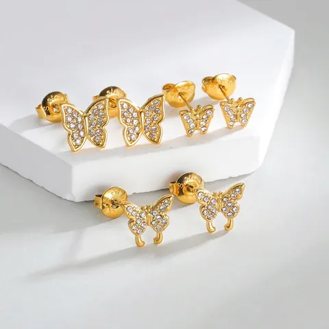 Fashion Butterfly Stud Earrings Gold Plated Stainless Steel Rhinestone Inlaid Jewelry For Women Daily Wearing Minimalist Design