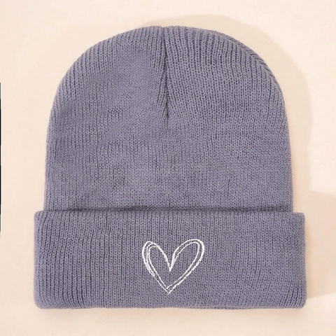 Heart Embroidered Knitted Beanie Hat Warm Winter Acrylic Folded Cuff Casual Fashion For Women