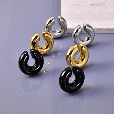 Boucles d'Oreilles Créoles en Forme de C en Acier Titane Plaqué Or 18K Minimaliste Tube Rond Creux Épais Bijoux Femme