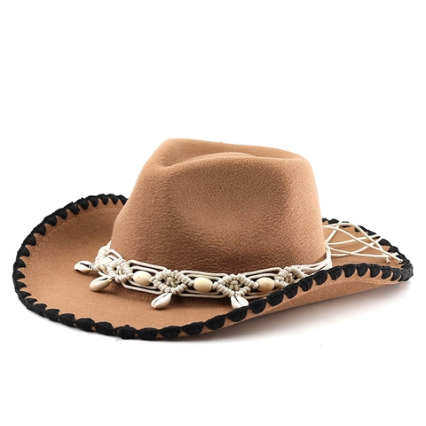 Sombrero Vaquero Western Retro Ala Ancha Fieltro Jazz Fedora Con Conchas Cuentas Madera Estilo Bohemio Para Actuaciones Vacaciones