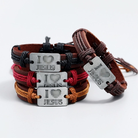 Bracelet Vintage Jesus En Cuir De Vachette Tressé Plaque Métallique Corde De Chanvre Punk Pour Hommes Femmes