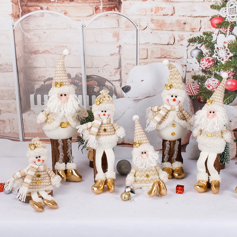 Christmas Santa Claus Snowman Plush Doll Gold White Knitted Long Leg Sitting Figurine Home Festive Decoration Ornament