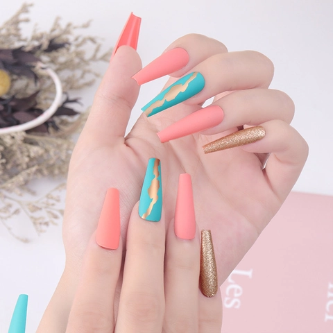 Uñas Postizas Largas Coffin Ballerina Mate Rosa Azul Pálido Dorado Brillo Patrón Mármol Elegante DIY Para Mujeres