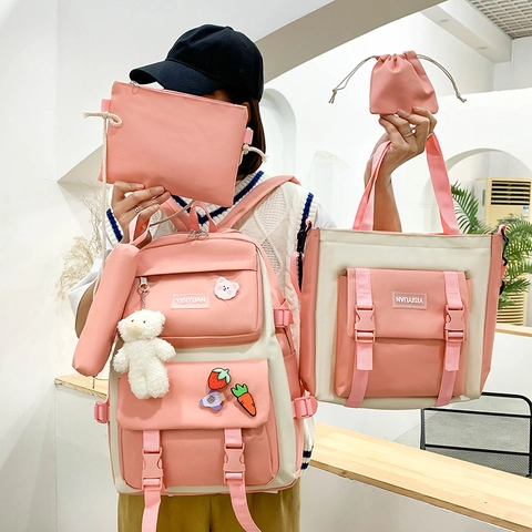 Backpack Tote Shoulder Bag Pencil Case Pouch Korean Style Canvas School Bookbag For Students Girls Color Block Cartoon